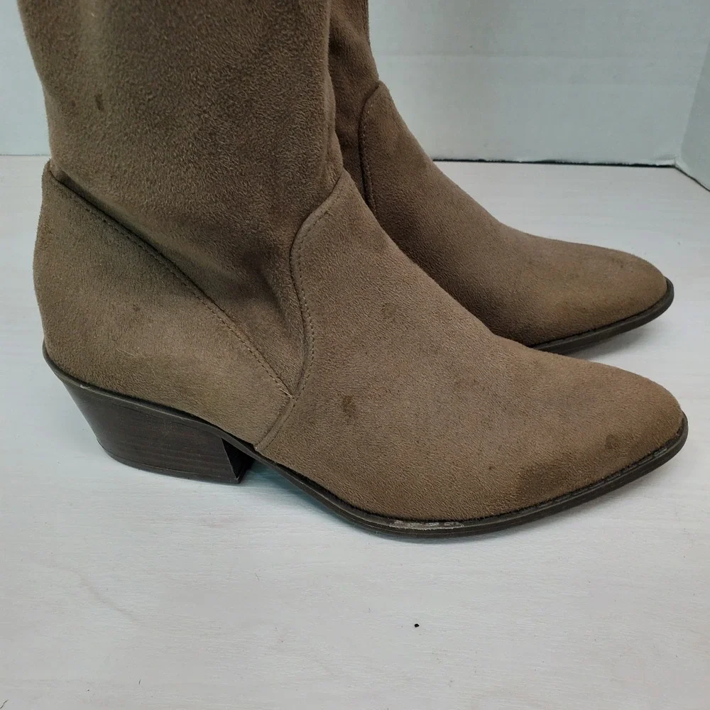 Taupe Faux Suede Over the‎ Knee Boots Pointed Toe Block Heel Tie Back Brown Boho